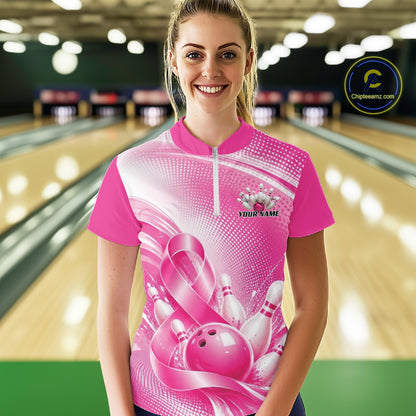 Custom Breast Cancer Pink Ribbon Bowling Women Quarter-Zip Shirt, Team League Shirt IPHW12049