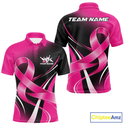 Custom Black And Pink Ribbon Breast Cancer Bowling Team Men Polo Shirt, Bowling Jersey IPHW12054