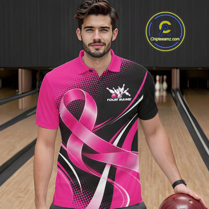 Custom Black And Pink Ribbon Breast Cancer Bowling Team Men Polo Shirt, Bowling Jersey IPHW12054