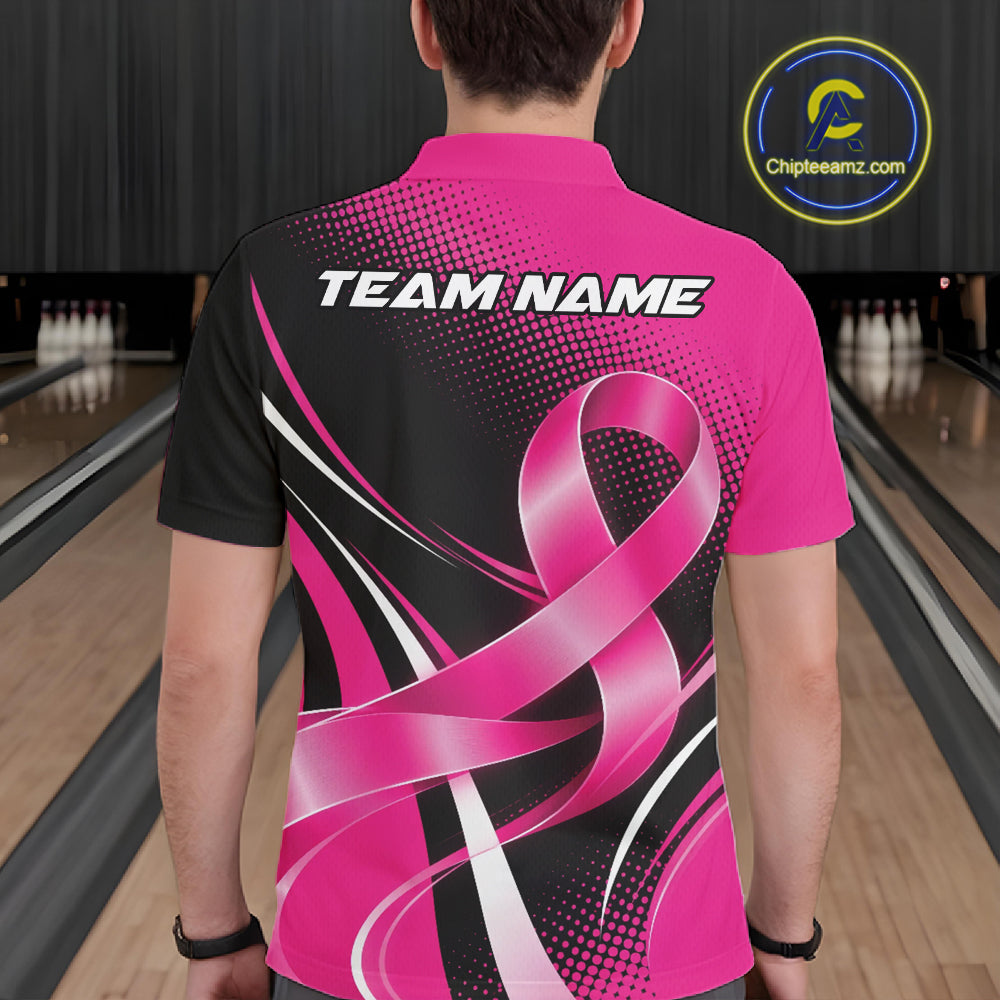 Custom Black And Pink Ribbon Breast Cancer Bowling Team Men Polo Shirt, Bowling Jersey IPHW12054