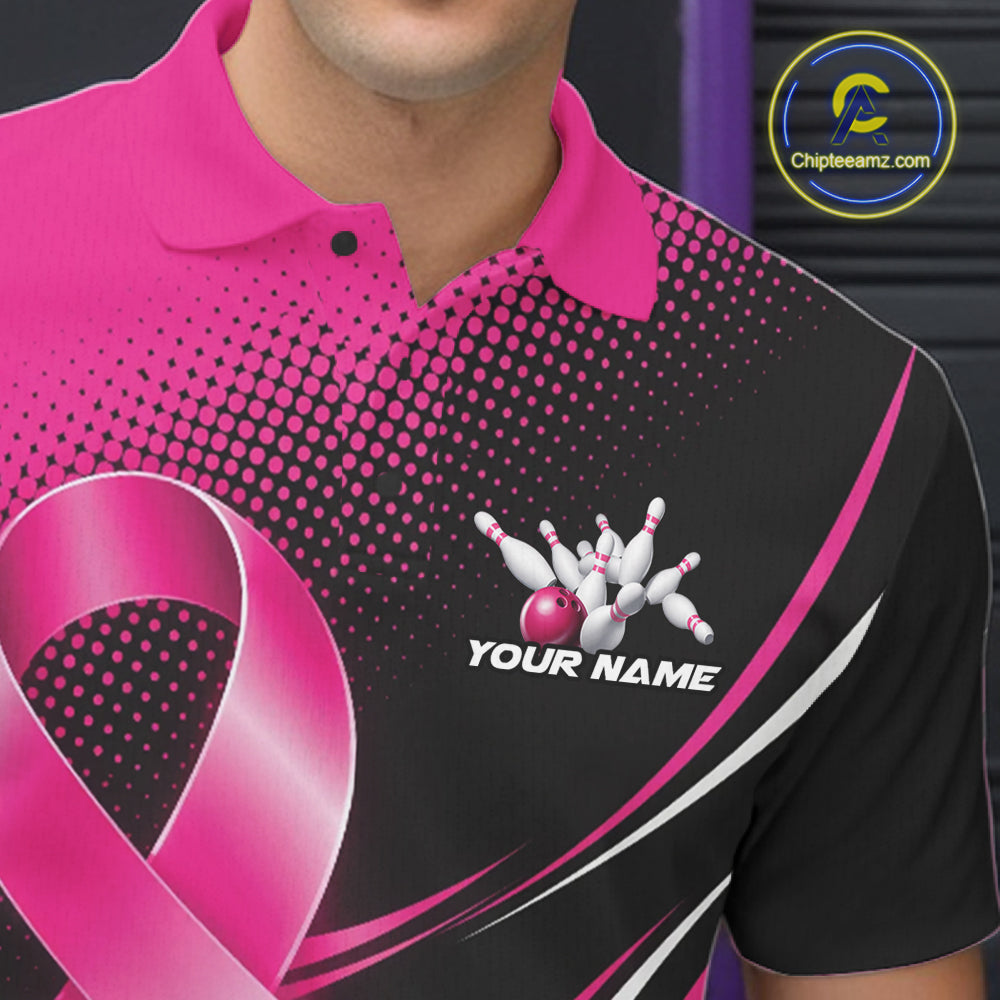 Custom Black And Pink Ribbon Breast Cancer Bowling Team Men Polo Shirt, Bowling Jersey IPHW12054
