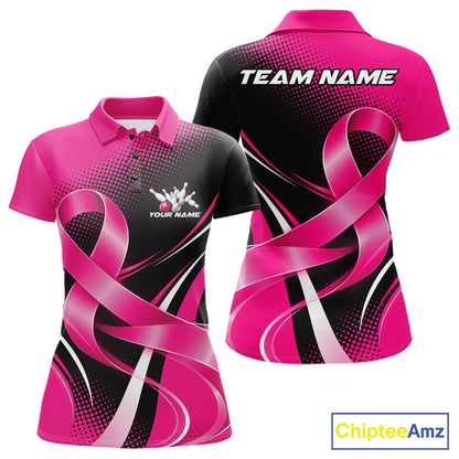 Custom Black And Pink Ribbon Breast Cancer Bowling Team Women Polo Shirt, Bowling Jersey IPHW12054