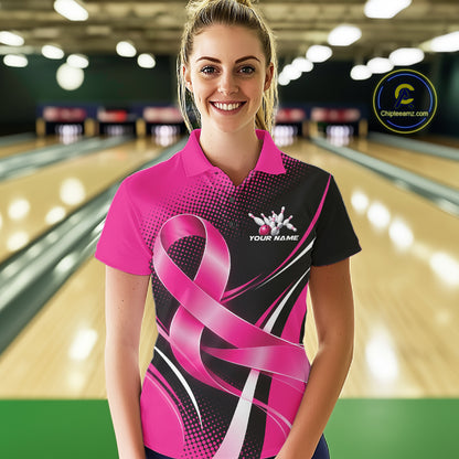 Custom Black And Pink Ribbon Breast Cancer Bowling Team Women Polo Shirt, Bowling Jersey IPHW12054