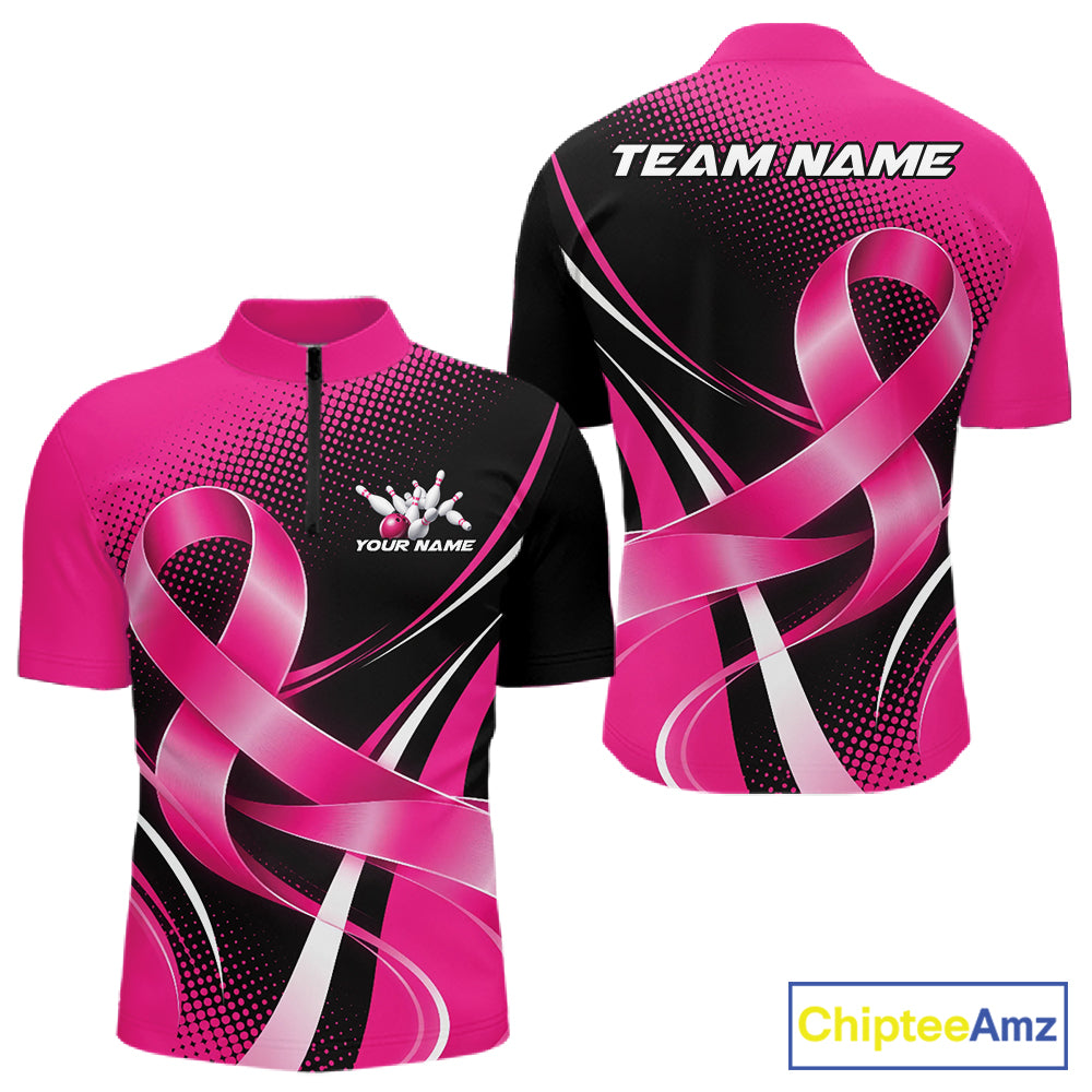 Custom Black And Pink Ribbon Breast Cancer Bowling Team Men Quarter Zip Shirt, Bowling Jersey IPHW12054