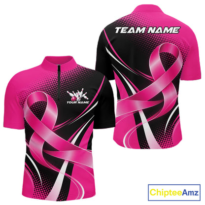 Custom Black And Pink Ribbon Breast Cancer Bowling Team Men Quarter Zip Shirt, Bowling Jersey IPHW12054