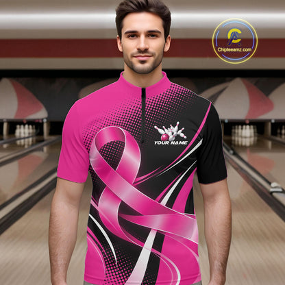 Custom Black And Pink Ribbon Breast Cancer Bowling Team Men Quarter Zip Shirt, Bowling Jersey IPHW12054