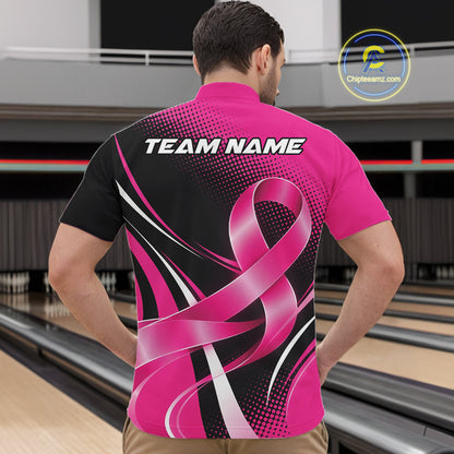 Custom Black And Pink Ribbon Breast Cancer Bowling Team Men Quarter Zip Shirt, Bowling Jersey IPHW12054