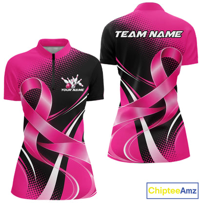 Custom Pink Ribbon Breast Cancer Bowling Team Women Quarter-Zip Shirt, Bowling Jersey IPHW12054