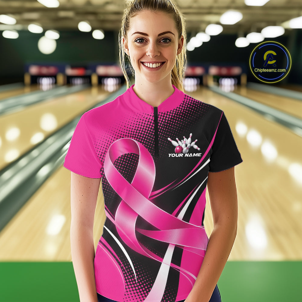 Custom Pink Ribbon Breast Cancer Bowling Team Women Quarter-Zip Shirt, Bowling Jersey IPHW12054