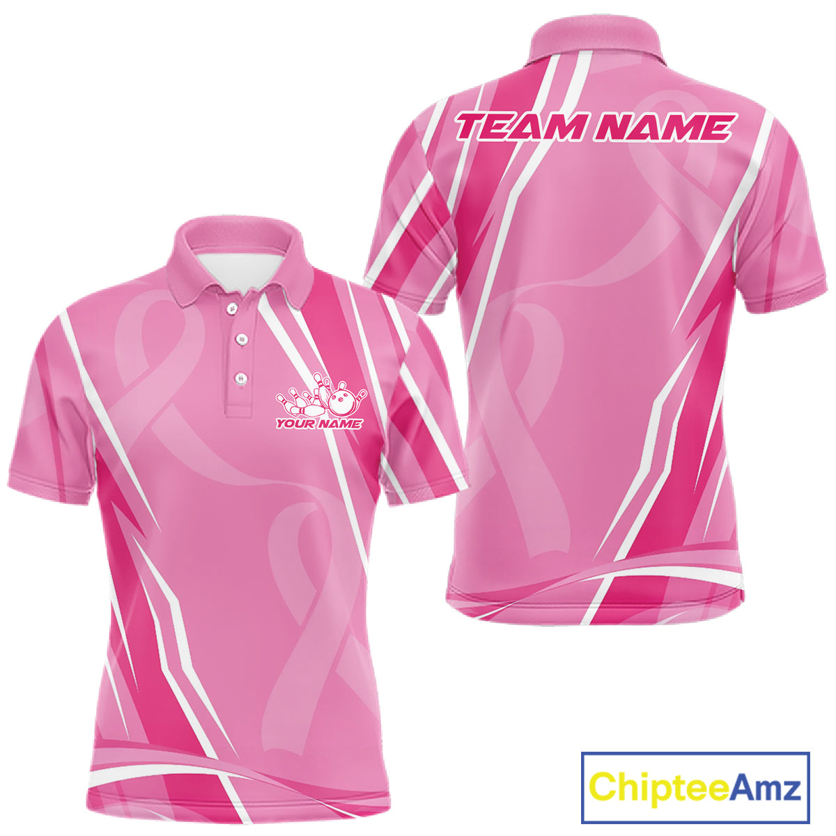 Custom Pink Ribbon Breast Cancer Awareness Bowling Team Men Polo Shirt IPHW12056