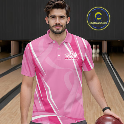 Custom Pink Ribbon Breast Cancer Awareness Bowling Team Men Polo Shirt IPHW12056