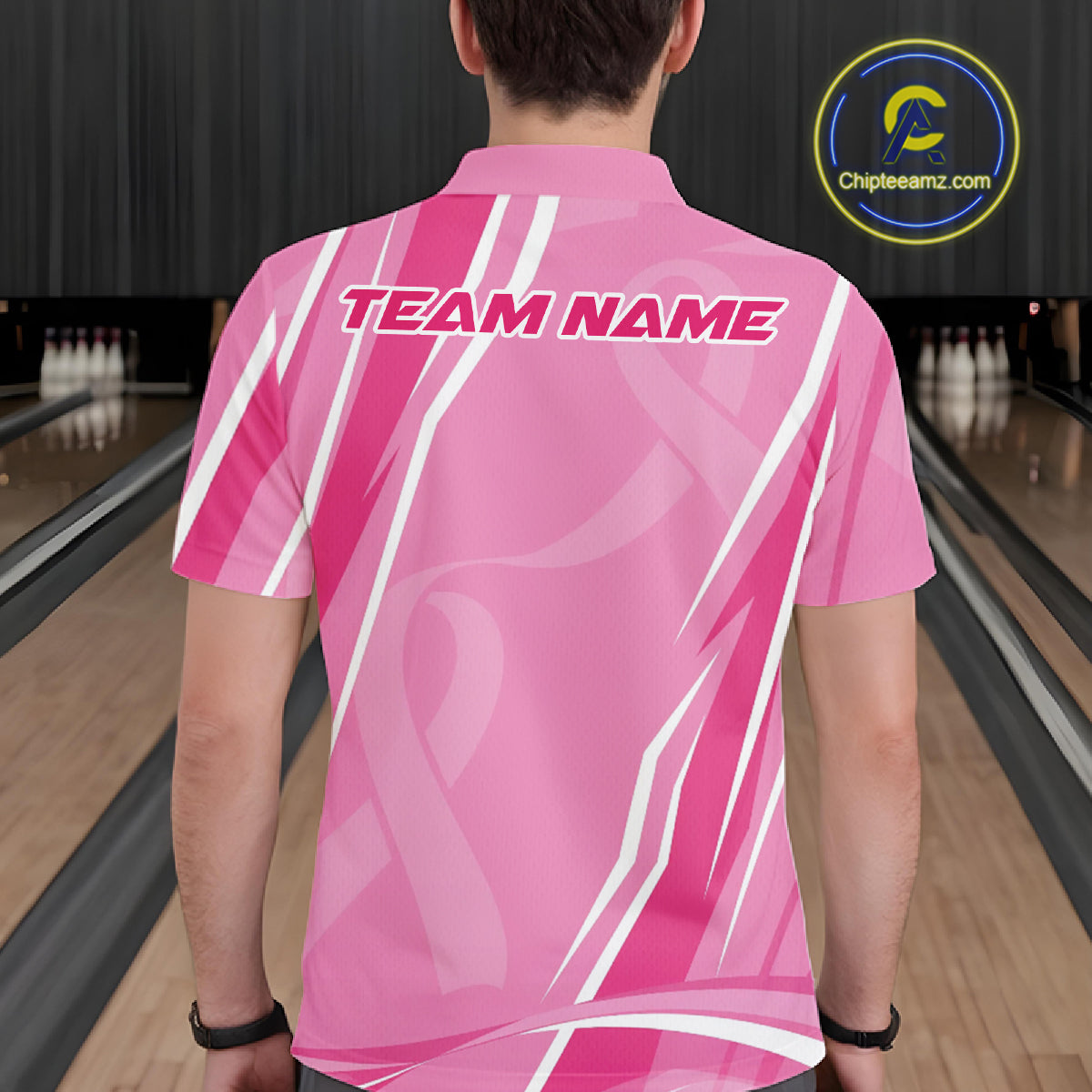 Custom Pink Ribbon Breast Cancer Awareness Bowling Team Men Polo Shirt IPHW12056