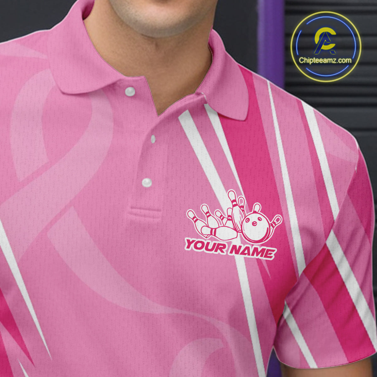 Custom Pink Ribbon Breast Cancer Awareness Bowling Team Men Polo Shirt IPHW12056