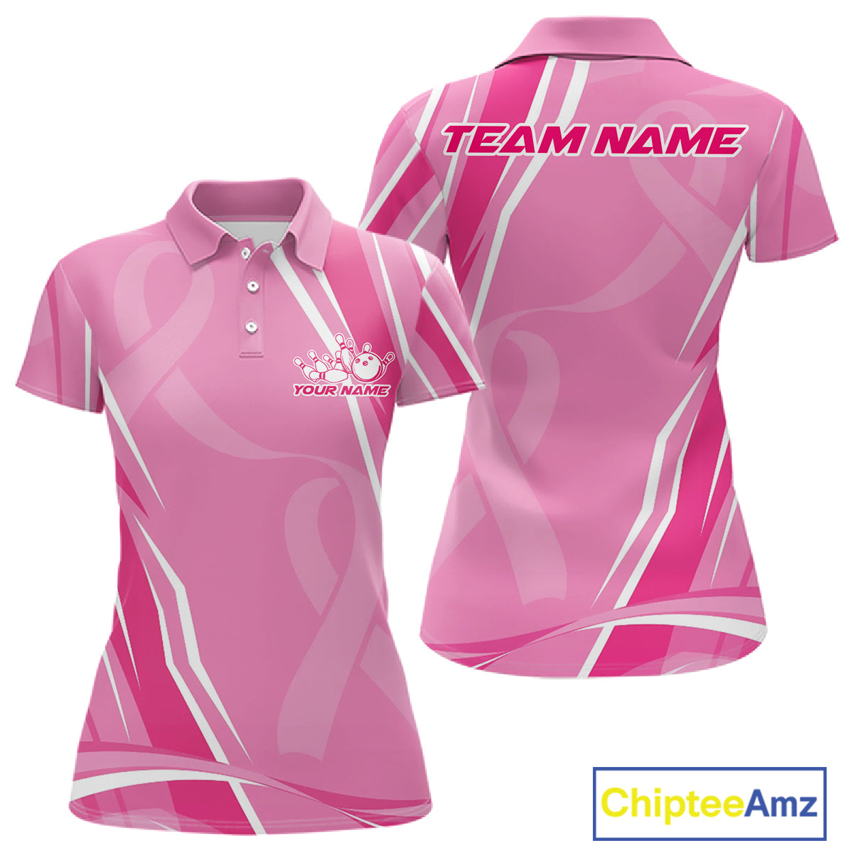 Custom Pink Ribbon Breast Cancer Awareness Bowling Team Women Polo Shirt IPHW12056