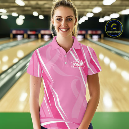 Custom Pink Ribbon Breast Cancer Awareness Bowling Team Women Polo Shirt IPHW12056