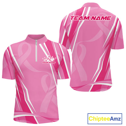 Custom Pink Ribbon Breast Cancer Awareness Bowling Team Men Quarter Zip Shirt IPHW12056