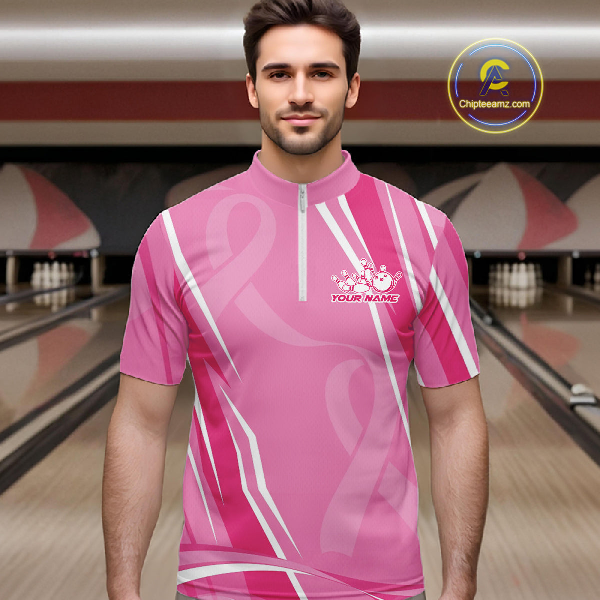 Custom Pink Ribbon Breast Cancer Awareness Bowling Team Men Quarter Zip Shirt IPHW12056