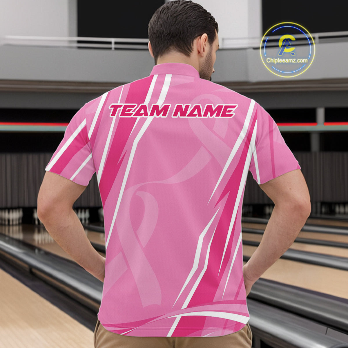 Custom Pink Ribbon Breast Cancer Awareness Bowling Team Men Quarter Zip Shirt IPHW12056