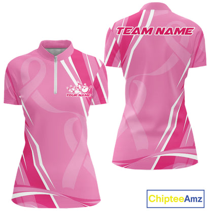 Custom Pink Ribbon Breast Cancer Awareness Bowling Team Women Quarter-Zip Shirt IPHW12056