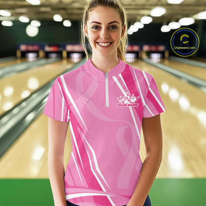 Custom Pink Ribbon Breast Cancer Awareness Bowling Team Women Quarter-Zip Shirt IPHW12056