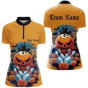 Custom Halloween Ladies Bowling Shirts, Pumpkin Bowling Ball Bowling Team Halloween Outfit IPHW7630