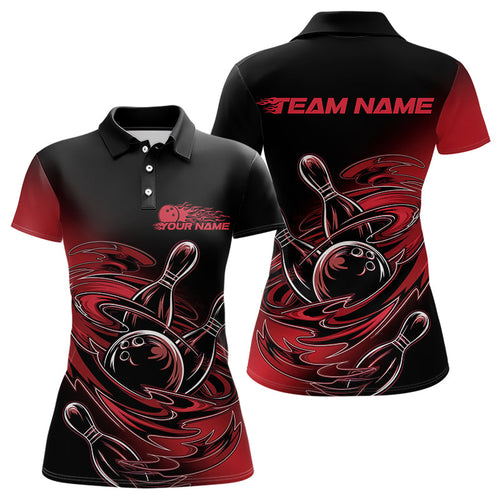 Custom Striking Black And Red Flame Bowling Polo Shirts For Women, Red Bowling Jerseys IPHW8042