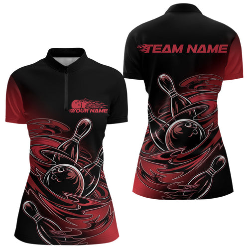 Custom Striking Black And Red Flame Ladies Bowling Quarter-Zip Shirts, Red Bowling Jerseys IPHW8042