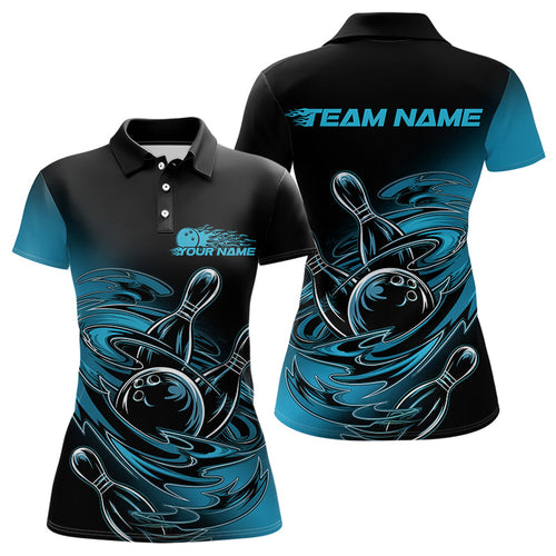 Custom Striking Black And Blue Flame Ladies Bowling Polo Shirts, Cool Blue Bowling Jerseys IPHW8043