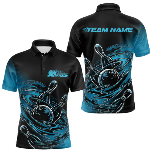 Custom Striking Black And Blue Flame Bowling Polo Shirts For Men, Cool Blue Bowling Jerseys IPHW8043