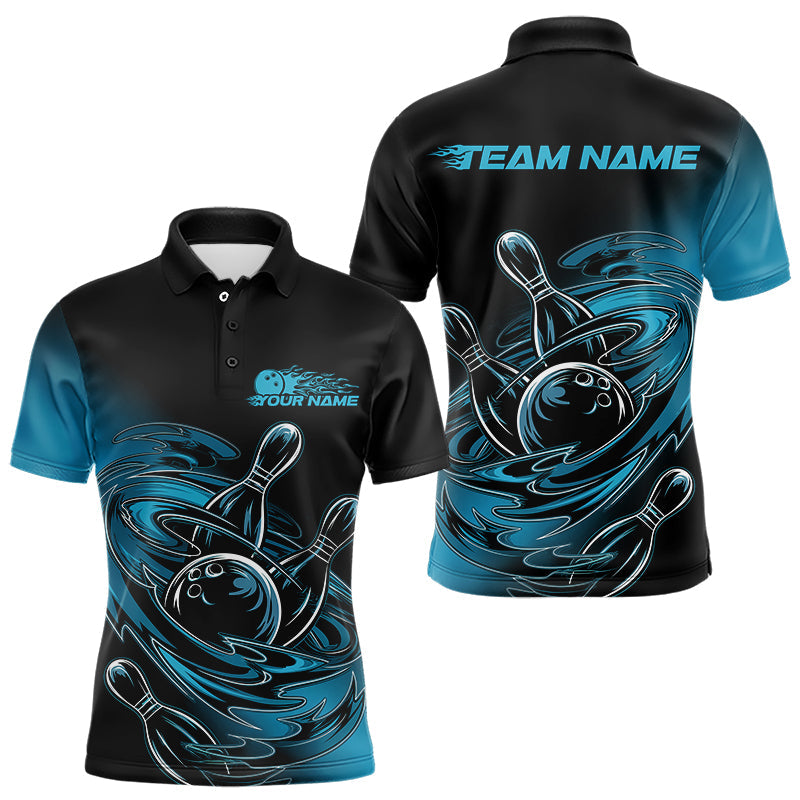 Custom Striking Black And Blue Flame Bowling Polo Shirts For Men, Cool Blue Bowling Jerseys IPHW8043