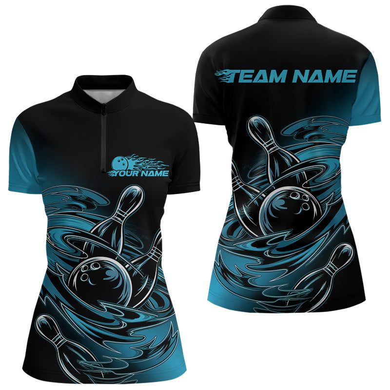 Custom Black And Blue Flame Ladies Bowling Quarter-Zip Shirts, Cool Blue Bowling Jerseys IPHW8043