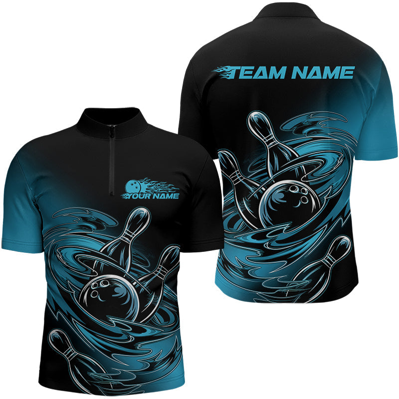 Custom Black And Blue Flame Bowling Quarter-Zip Shirts For Men, Cool Blue Bowling Jerseys IPHW8043