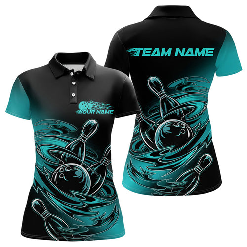 Custom Striking Black And Blue Flame Ladies Bowling Polo Shirts, Ball Blue Bowling Jerseys IPHW8044