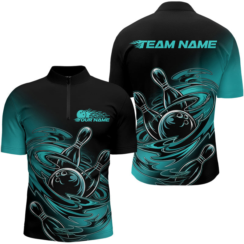 Custom Black And Blue Flame Bowling Quarter-Zip Shirts For Men, Ball Blue Bowling Jerseys IPHW8044