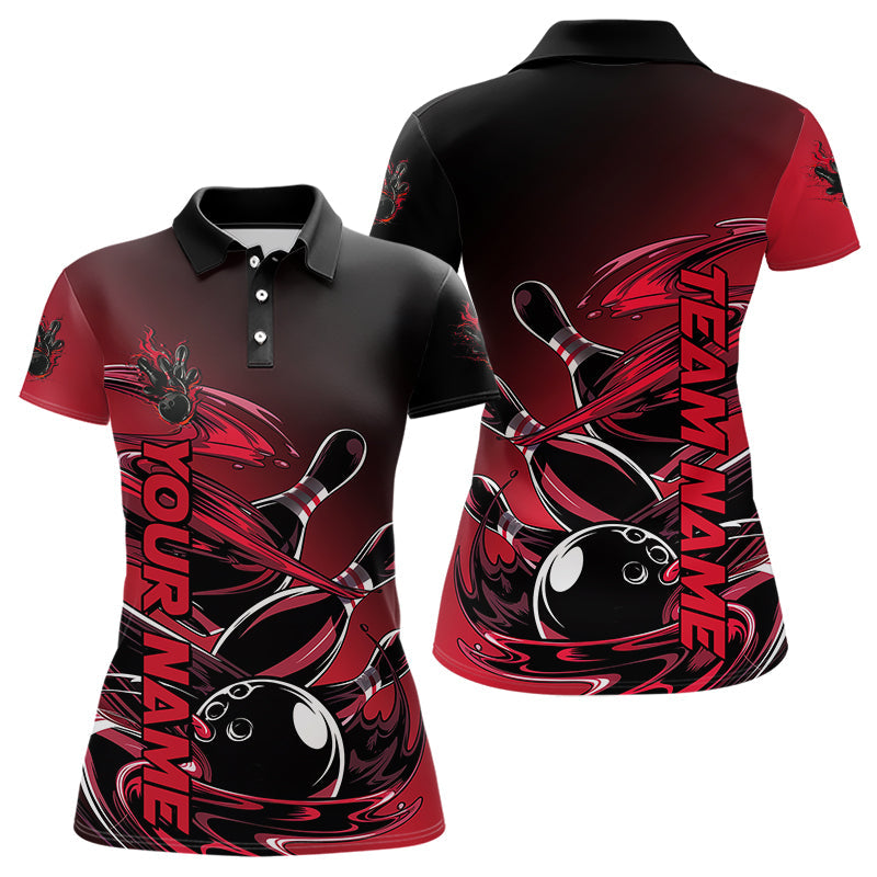 Custom Black And Red Bowling League Shirt, Flaming Bowling Polo Shirts For Women IPHW8049