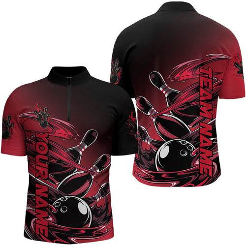 Custom Black And Red Bowling League Shirt, Flaming Bowling Quarter-Zip Shirts For Men IPHW8049
