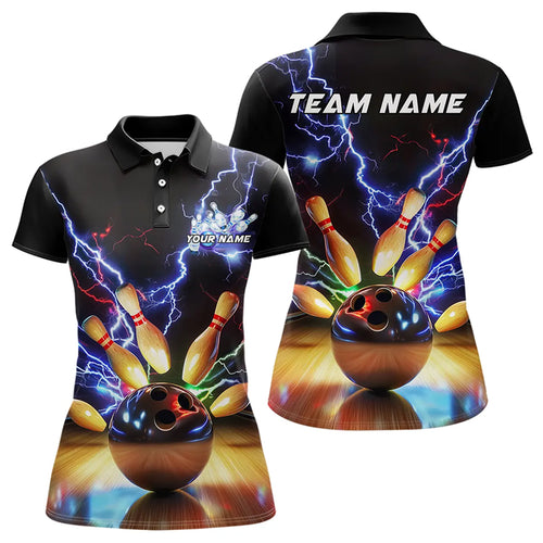 Custom Black And Blue Thunder Lightning Bowling Polo Shirts For Women Bowling Jerseys IPHW8051