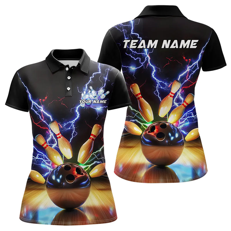 Custom Black And Blue Thunder Lightning Bowling Polo Shirts For Women Bowling Jerseys IPHW8051