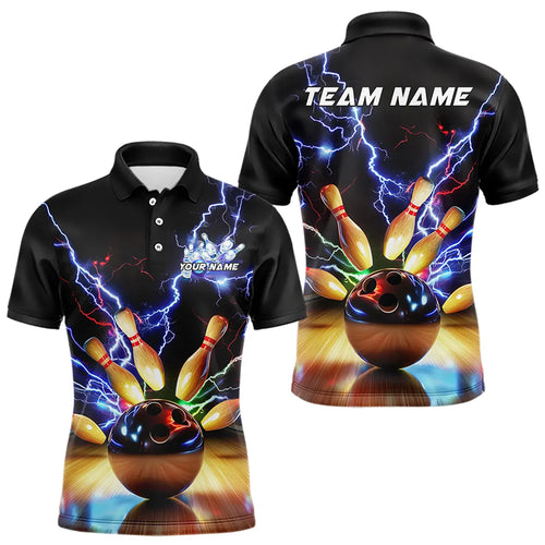 Custom Black And Blue Thunder Lightning Bowling Polo Shirts For Men Bowling Jerseys IPHW8051