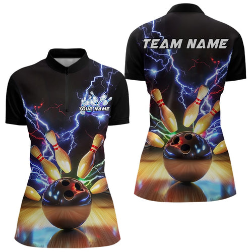 Custom Black And Blue Thunder Lightning Bowling Quarter-Zip Shirts For Women Bowling Jersey IPHW8051