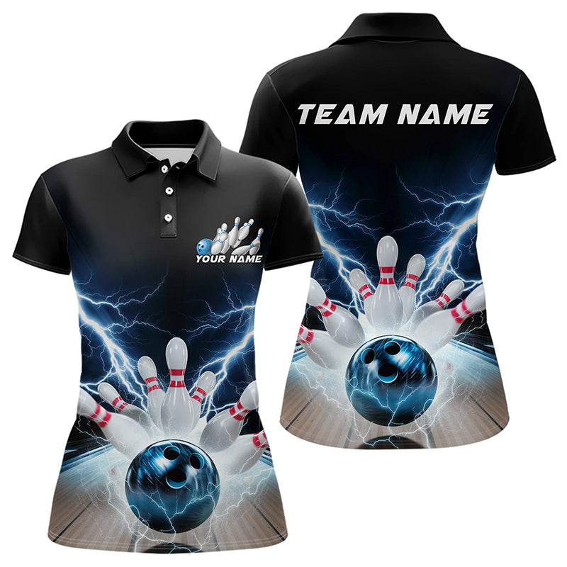 Custom Black And Blue Thunder Lightning Bowling Polo Shirts For Women Bowling Jerseys IPHW8054