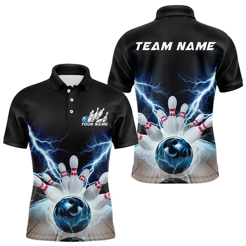 Custom Black And Blue Thunder Lightning Bowling Polo Shirts For Men Bowling Jerseys IPHW8054