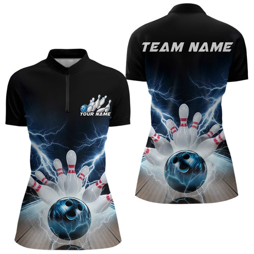 Custom Black And Blue Thunder Lightning Bowling Quarter-Zip Shirts For Women Bowling Jersey IPHW8054
