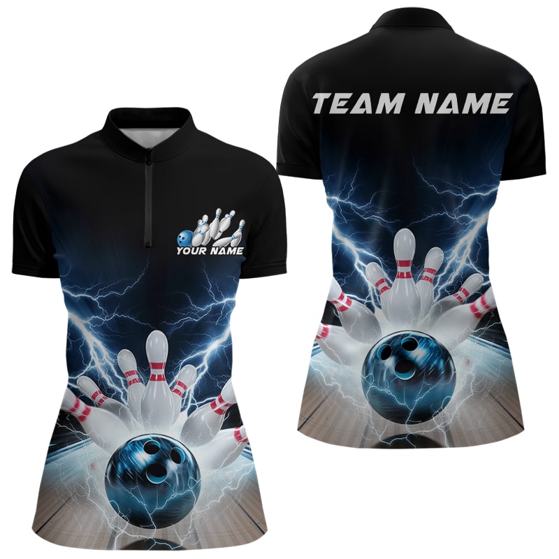 Custom Black And Blue Thunder Lightning Bowling Quarter-Zip Shirts For Women Bowling Jersey IPHW8054