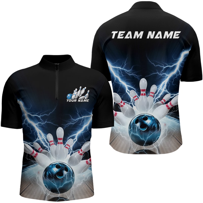 Custom Black And Blue Thunder Lightning Bowling Quarter-Zip Shirts For Men Bowling Jerseys IPHW8054