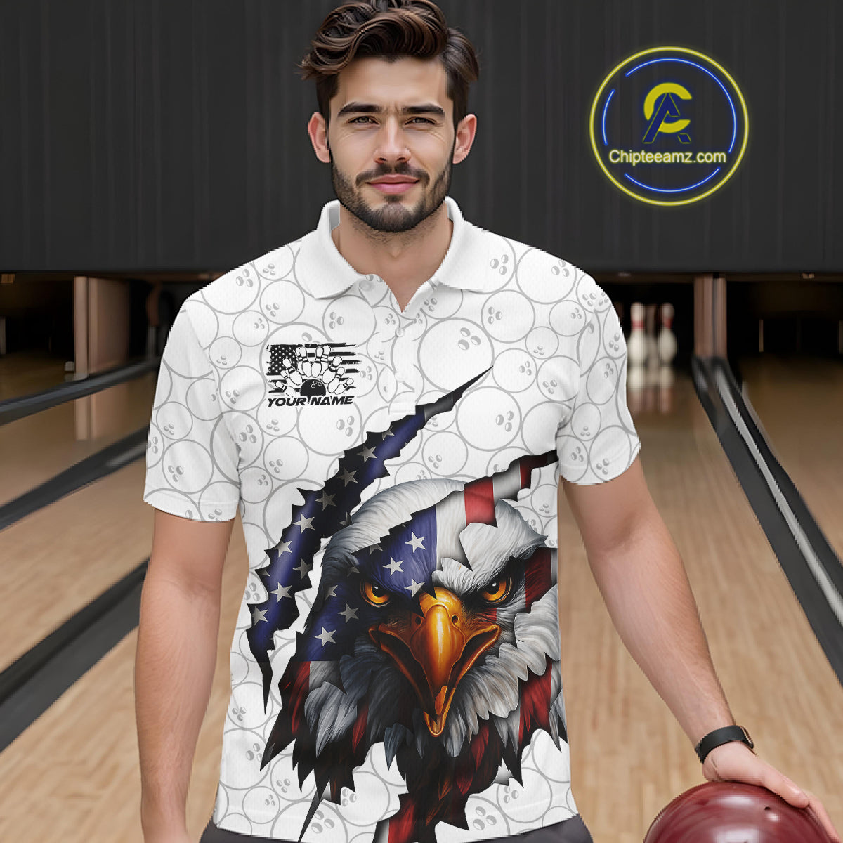 Custom Patriotic Eagle Men Bowling Team Shirt, US Flag Eagle Bowling League Shirt IPHW10190
