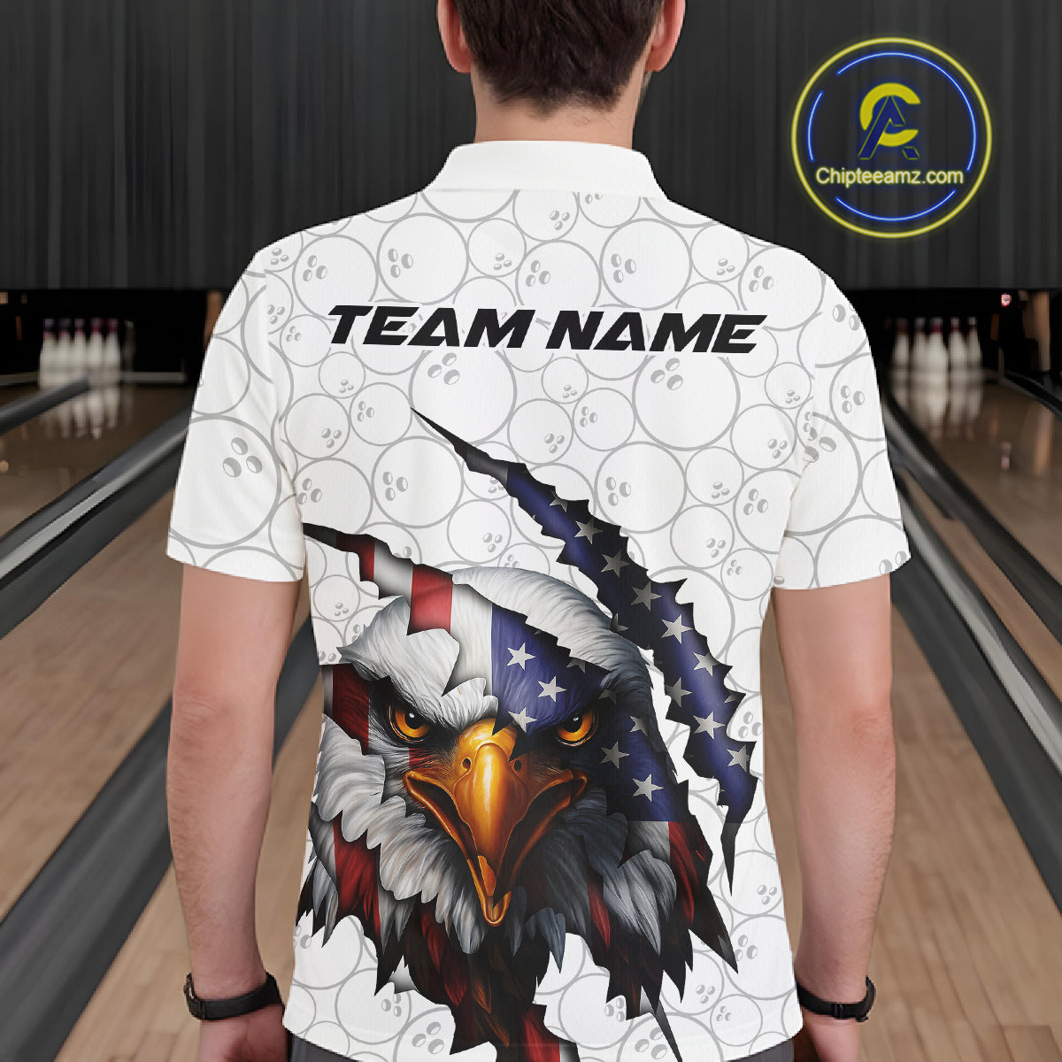 Custom Patriotic Eagle Men Bowling Team Shirt, US Flag Eagle Bowling League Shirt IPHW10190