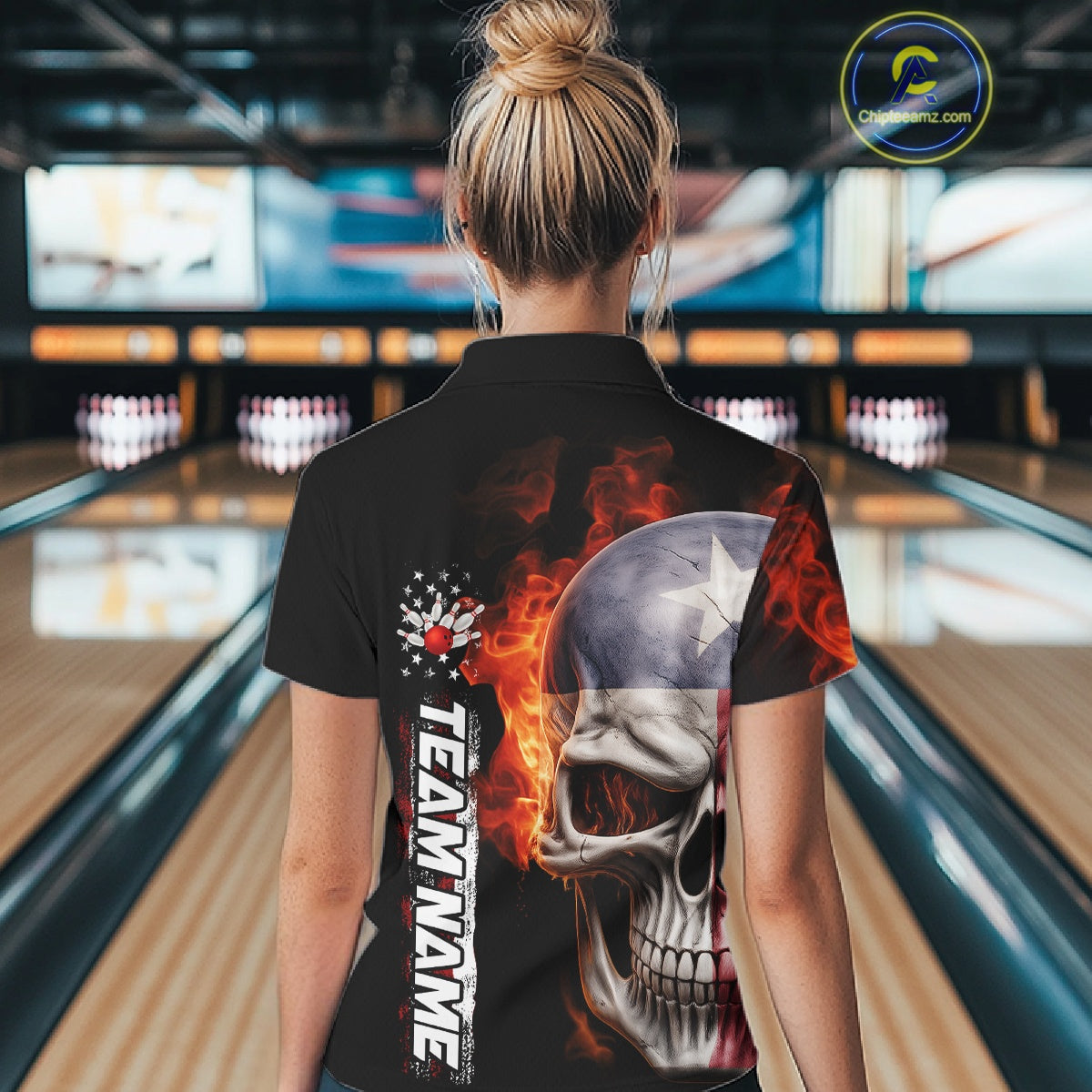 Custom Flame Skull American Texas Flag Women Bowling Team Shirt, Patriotic Bowling Jerseys IPHW10635