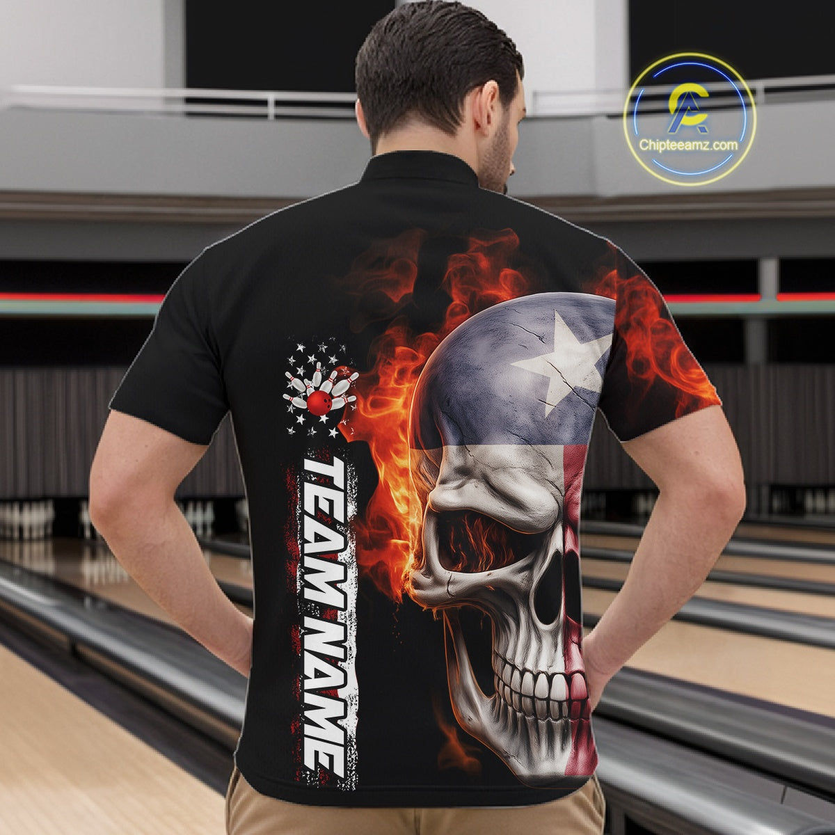 Custom Flame Skull American Texas Flag Men Bowling Team Shirt, Patriotic Bowling Jerseys IPHW10635