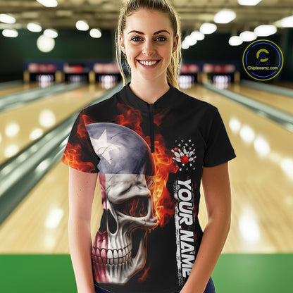 Custom Flame Skull American Texas Flag Women Bowling Shirt, Patriotic Bowling Jerseys IPHW10635